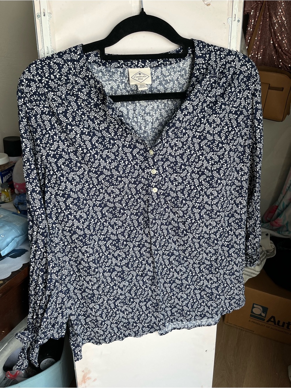 St. John's Bay Navy White Floral Button Shirt